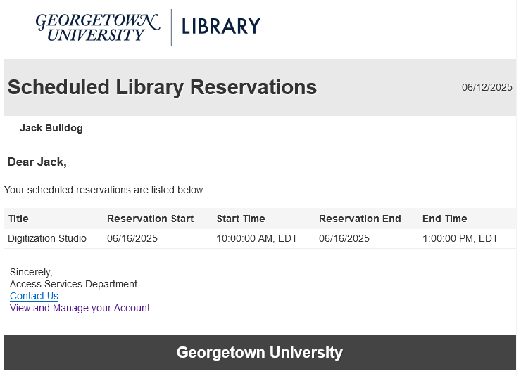 Screenshot of customized "Scheduled Library Reservations" email