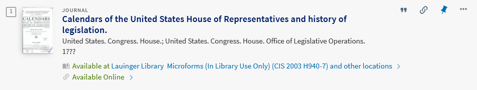 Calendars of the U.S. House of Representatives… brief record view (click to view result in HoyaSearch)