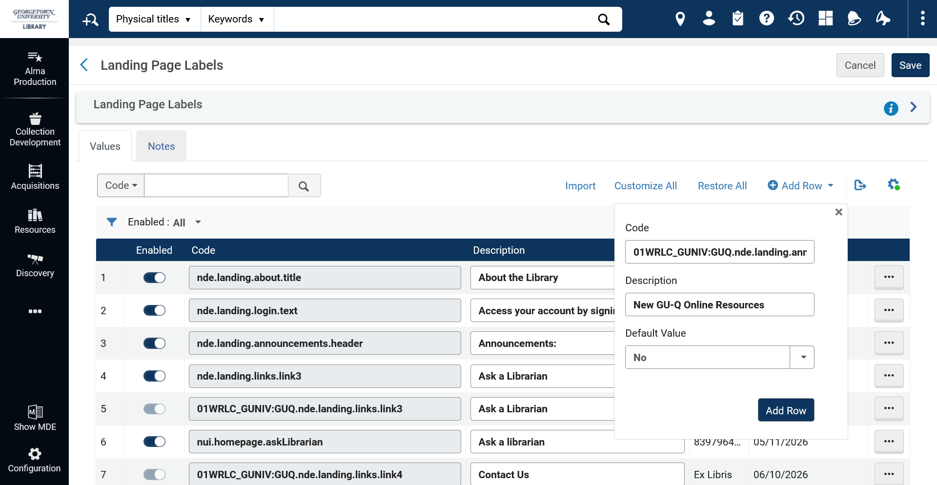 Screenshot of the Landing Page Labels table with the popup box for adding a new label