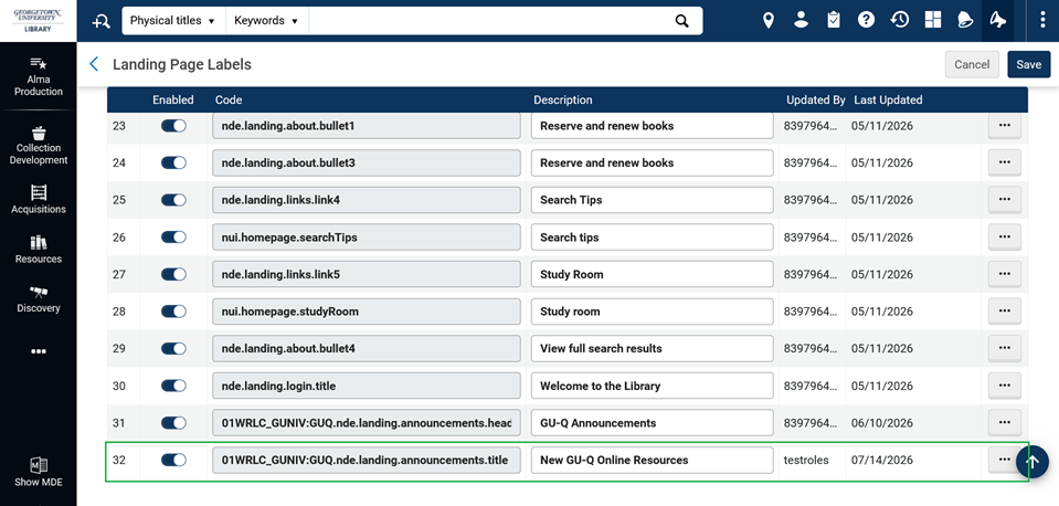 Screenshot of the Landing Page Labels table with the newly-added label at the bottom of the list