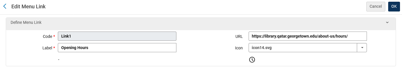 Screenshot of the Edit Menu Link page for Link1, which has been used for the library's Opening Hours