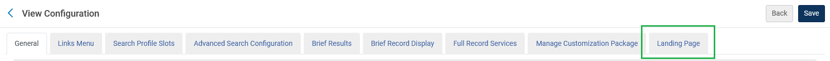 Screenshot of the View Configuration tabs with a box around the Landing Page tab