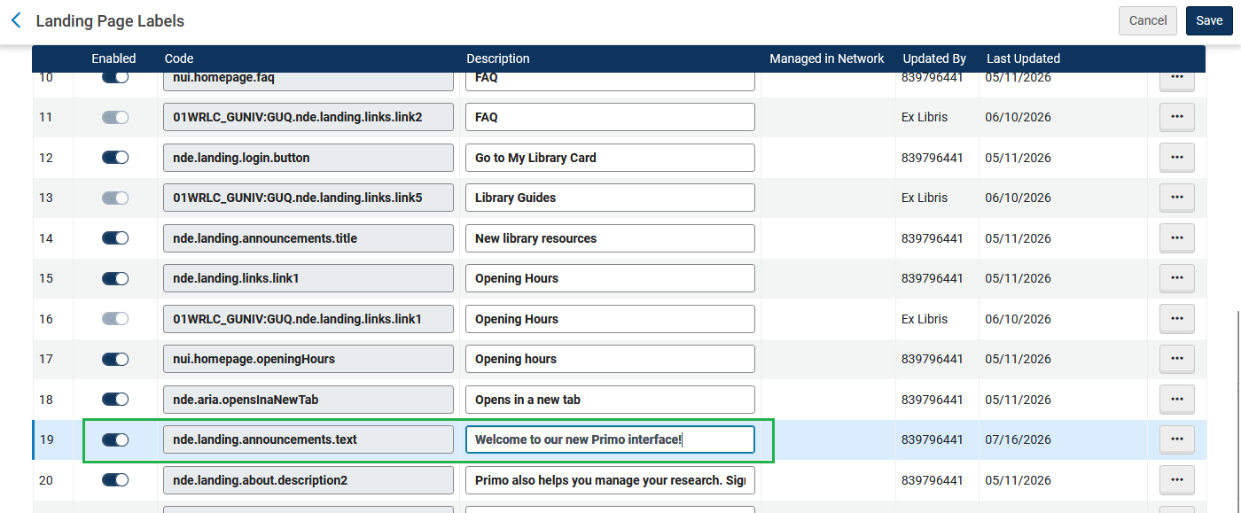 Screenshot of the Landing Page Labels table with a box around the nde.landing.announcement.text label