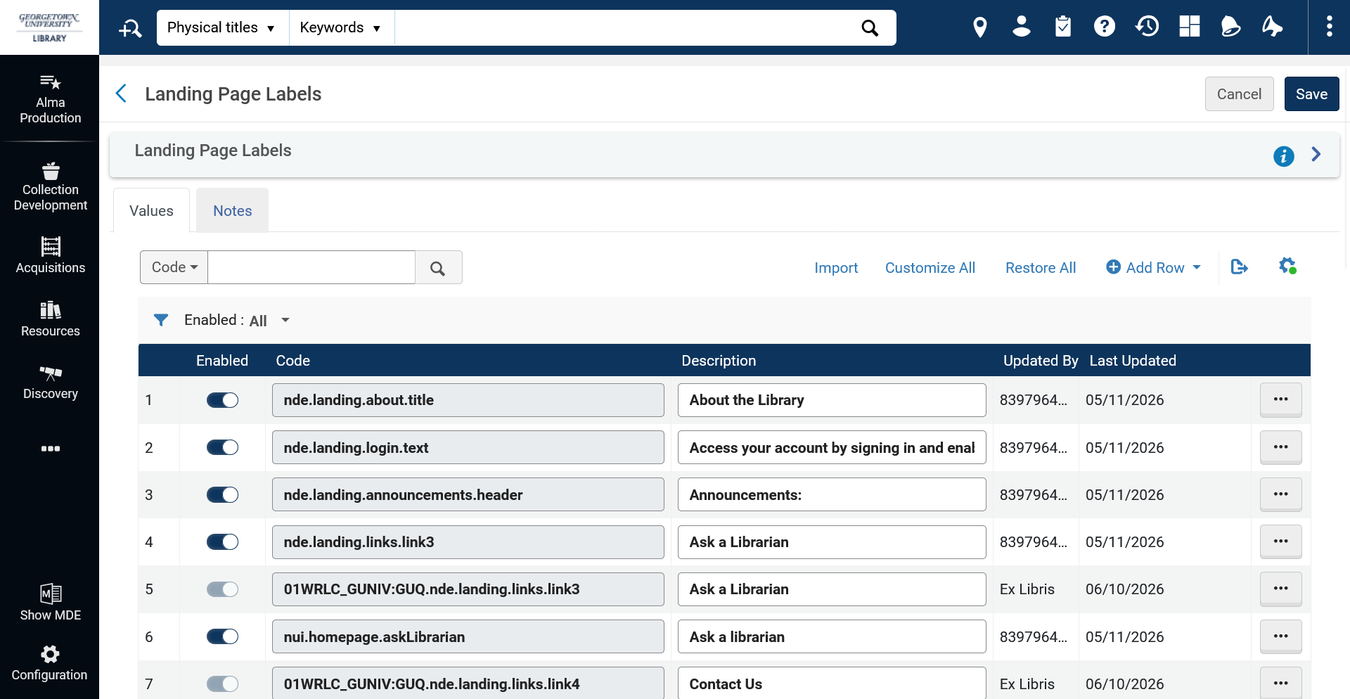 Screenshot of the Landing Page Labels with the codes listed in a random order