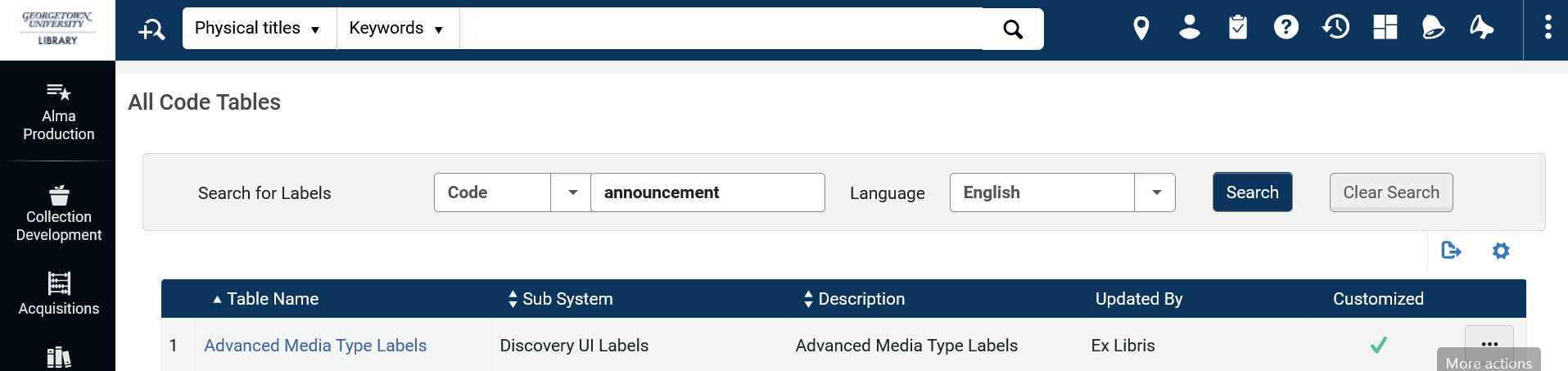 Screenshot of the Labels code tables with "announcement" typed in the search box